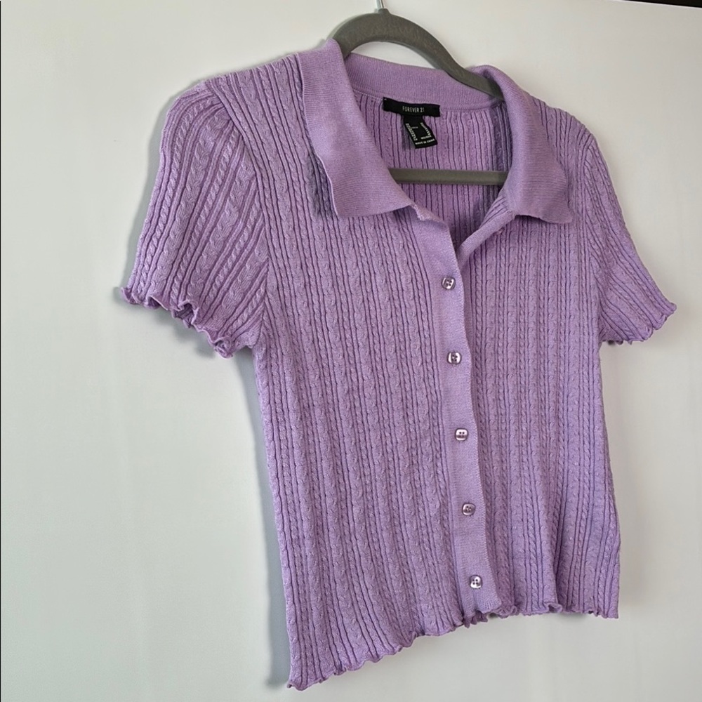 Lavender Ribbed Button Down Cropped Knit Blouse Shirt by Forever 21 - Picture 6 of 8